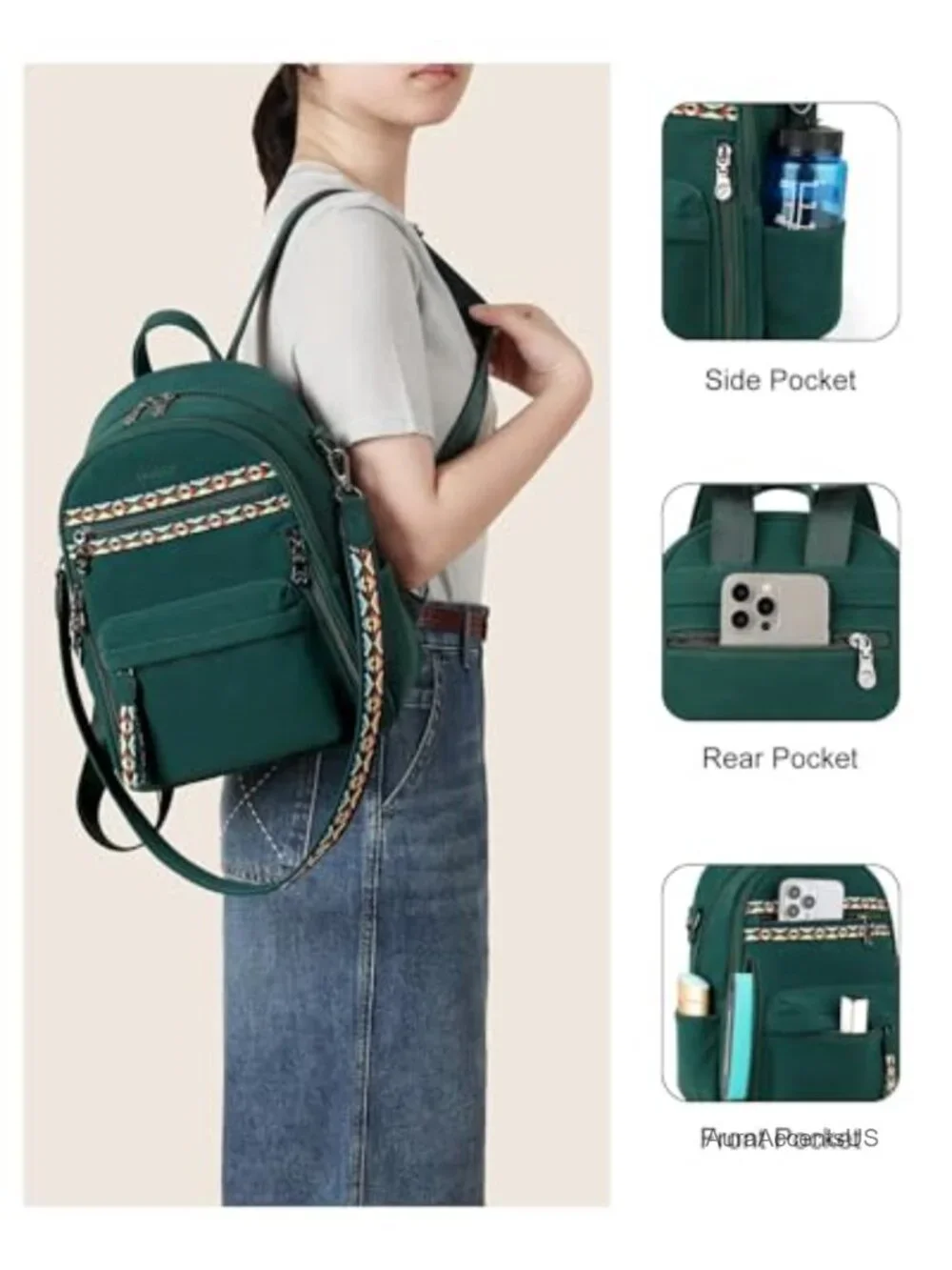 Small Backpack Purse with iPad Pocket, Waterproof Vegan Leather, Adjustable